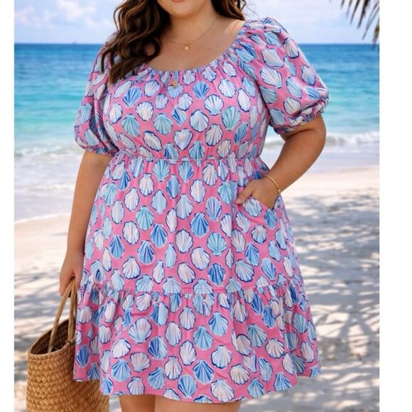Simply Southern Dresses & Skirts - Simply Southern XL Shell Print Dress Pink Blue Puff Sleeve Tie Back Coastal